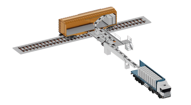 Комплекс перегрузки мешков/тарных грузов: автотранспорт (контейнер) - крытый ж/д вагон